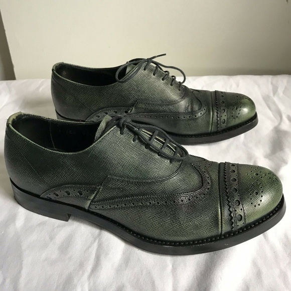 PRADA Olive Grained Leather Oxford Shoes Mens 6/ W main image 5